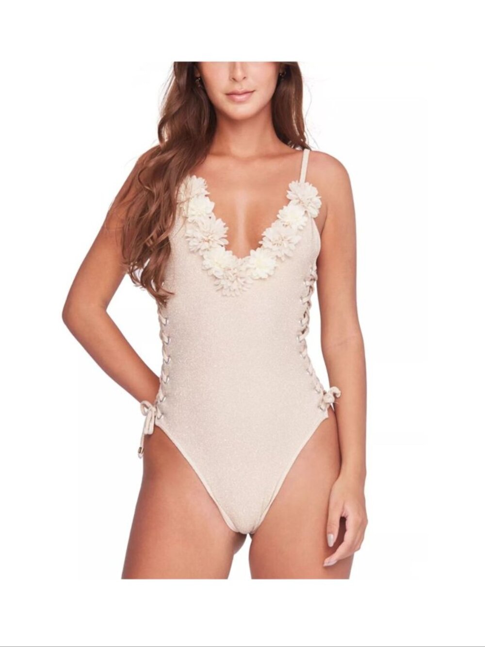 Capittana Blanca Lace Up One Piece SWIMSUIT Sz M Gold Metallic Flowers NEW $180